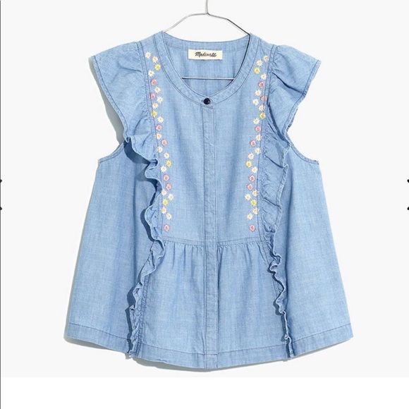 Madewell Floral Embroidered Denim Ruffle Top - Picture 2 of 8